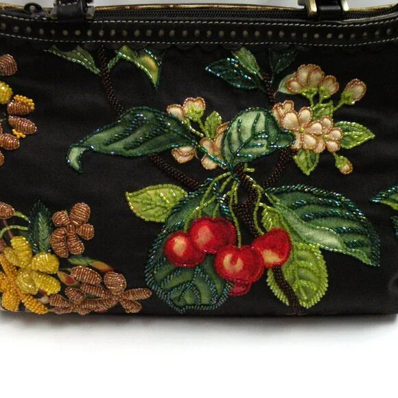 Vintage Isabella Fiore Cherry and Floral Beaded Topstitched Black Leather Bag - Picture 2 of 7